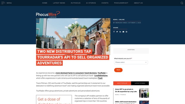 Articulo de PhocusWire sobre la alianza TourRadar y LocalAdventures