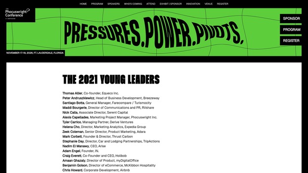 Listado oficial de Phocuswright Young Leaders Summit con Daniel Pena de LocalAdventures