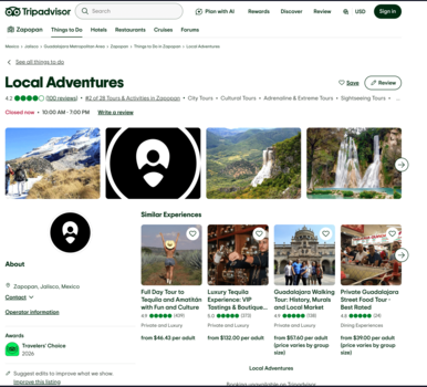 Perfil de Tripadvisor de LocalAdventures con insignia Travelers' Choice